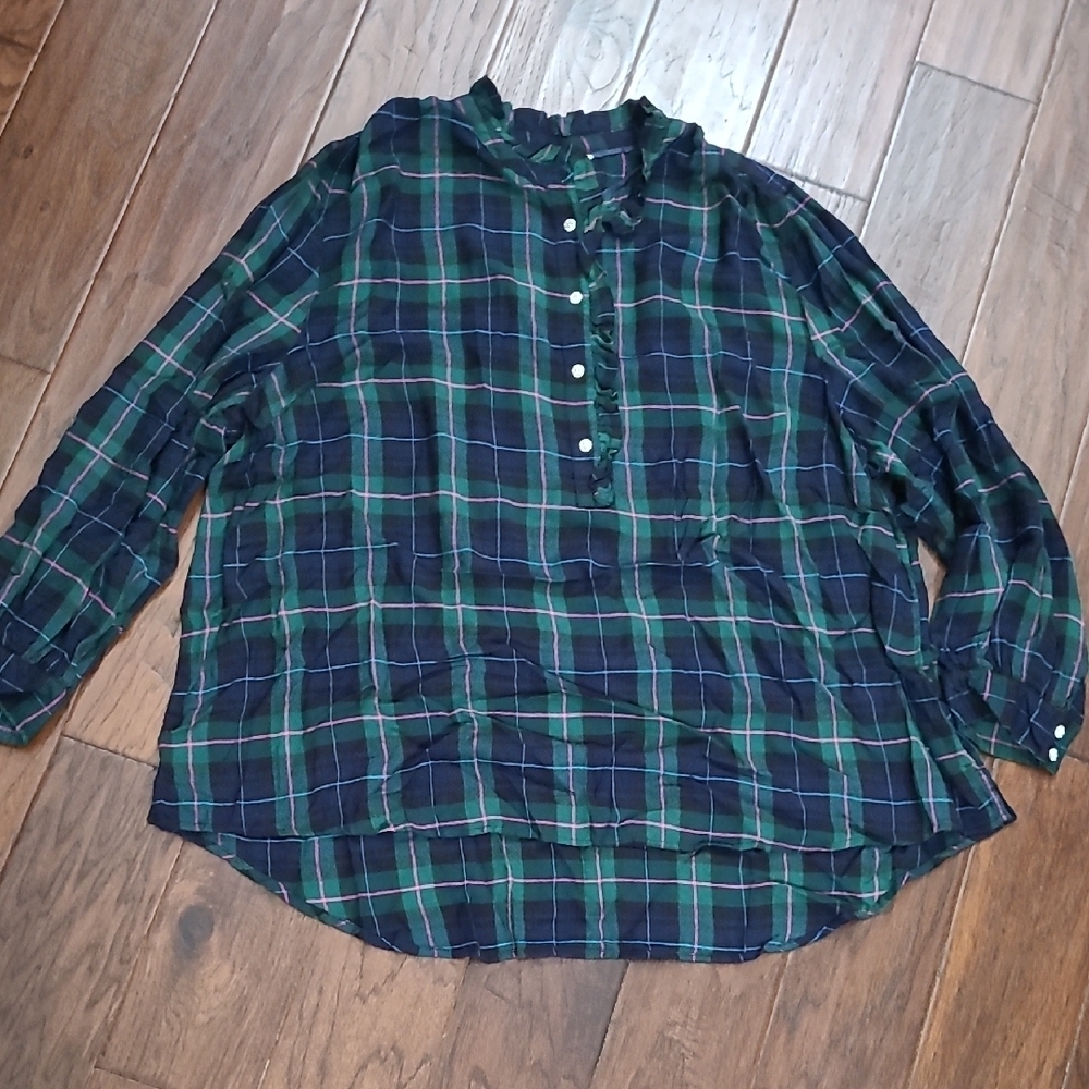 Crown & Ivy Plaid Shirt with Ruffled Collar & Rhinestone Buttons Size 3X